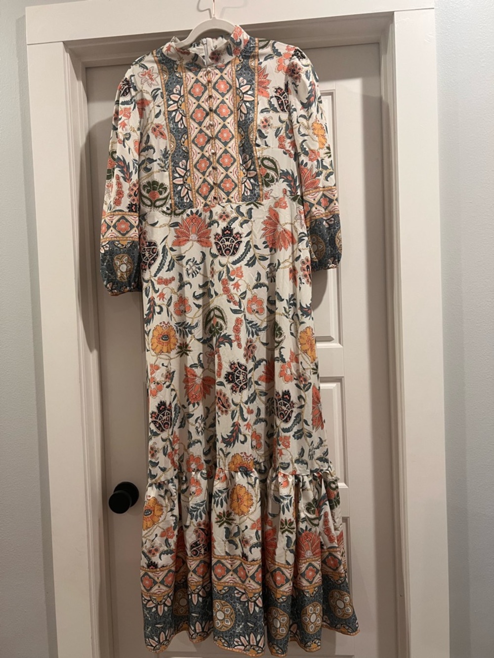 Cream Floral Maxi Dress with Orange & Green Print